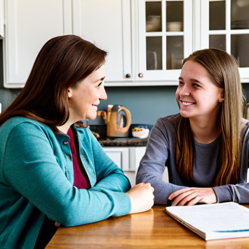 **

A heartwarming scene depicting a mother and teenage daughter engaged in a conversation at the kitchen table. The daughter is fully clothed in casual, modest clothing and appears to be sharing her feelings while the mother listens attentively with a supportive expression. The kitchen is bright and inviting, with family photos displayed. safe for work, appropriate content, fully clothed, professional photography, perfect anatomy, natural proportions, family-friendly.

**