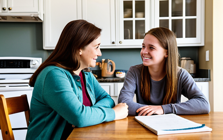 **

A heartwarming scene depicting a mother and teenage daughter engaged in a conversation at the kitchen table. The daughter is fully clothed in casual, modest clothing and appears to be sharing her feelings while the mother listens attentively with a supportive expression. The kitchen is bright and inviting, with family photos displayed. safe for work, appropriate content, fully clothed, professional photography, perfect anatomy, natural proportions, family-friendly.

**