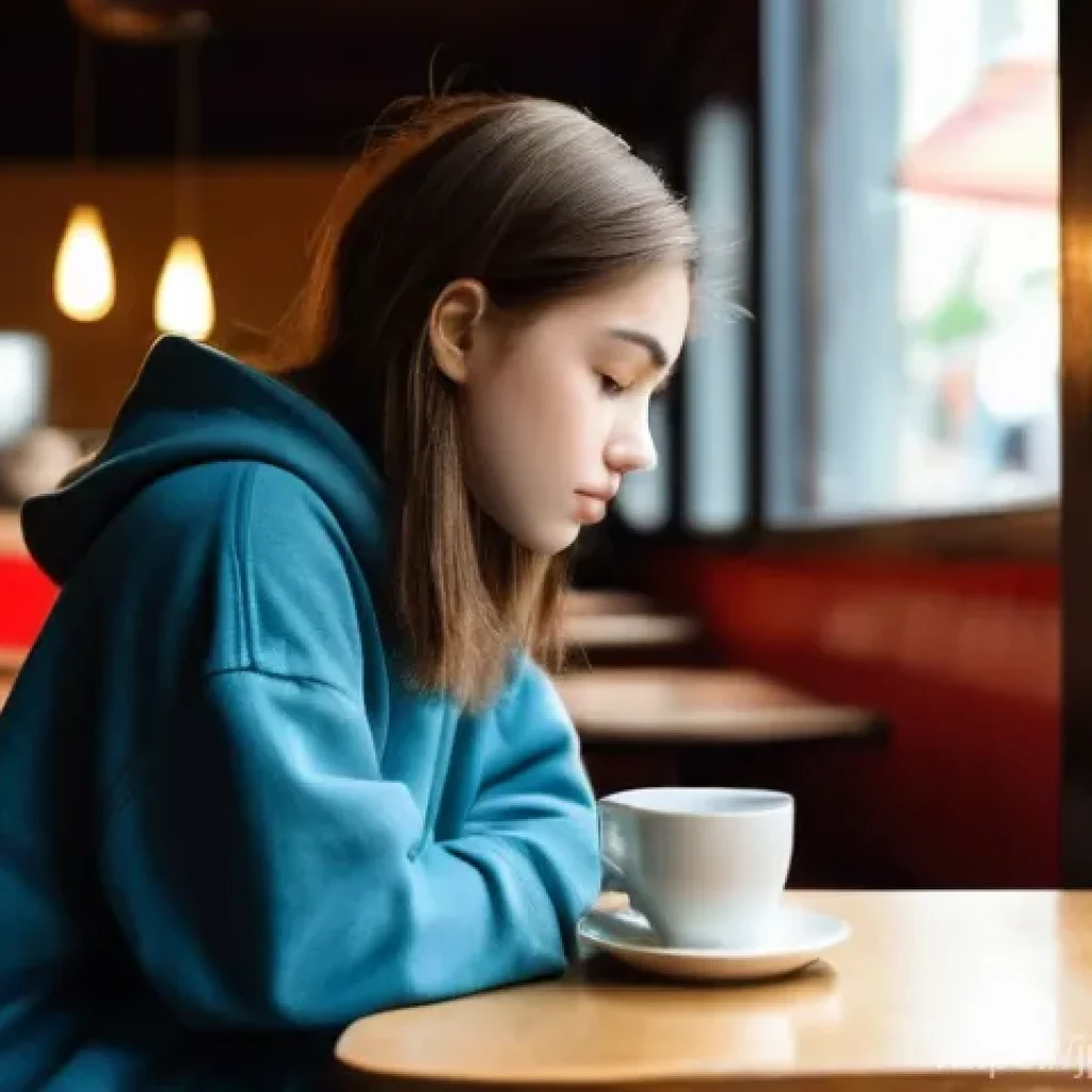 청소년지도사와 청소년 문제 해결 워크샵 - **Prompt 1: The Weight of Modern Youth**
A young woman, aged 18, sits alone at a small cafe tabl...