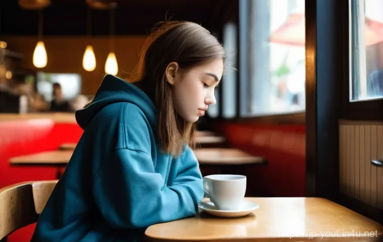 청소년지도사와 청소년 문제 해결 워크샵 - **Prompt 1: The Weight of Modern Youth**
    A young woman, aged 18, sits alone at a small cafe tabl...