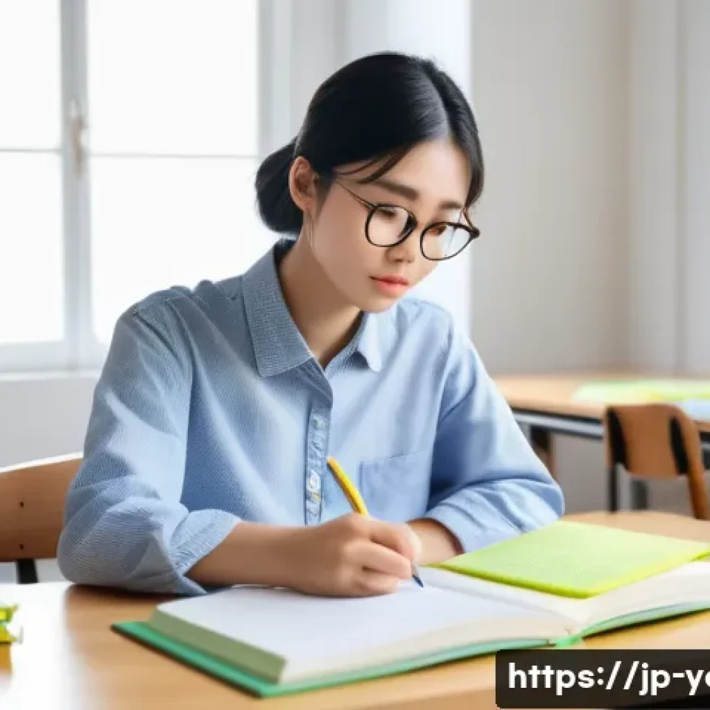 청소년지도사 필기시험 기출문제 분석 - A diligent Japanese female university student, approximately 19 years old, with neat black hair tied...