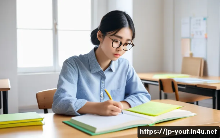 청소년지도사 필기시험 기출문제 분석 - A diligent Japanese female university student, approximately 19 years old, with neat black hair tied...