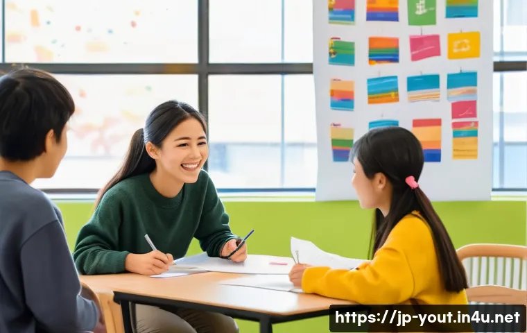 청소년지도사와 청소년 문제 해결 프로그램 개발 사례 - A diverse group of multicultural Japanese teenagers engaging in an interactive language support work...
