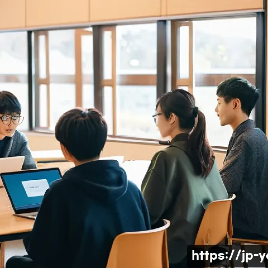 청소년지도사로서의 전문 조직 참여 - A modern Japanese community center scene where diverse youth leaders gather in a bright seminar room...