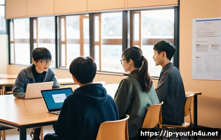 청소년지도사로서의 전문 조직 참여 - A modern Japanese community center scene where diverse youth leaders gather in a bright seminar room...