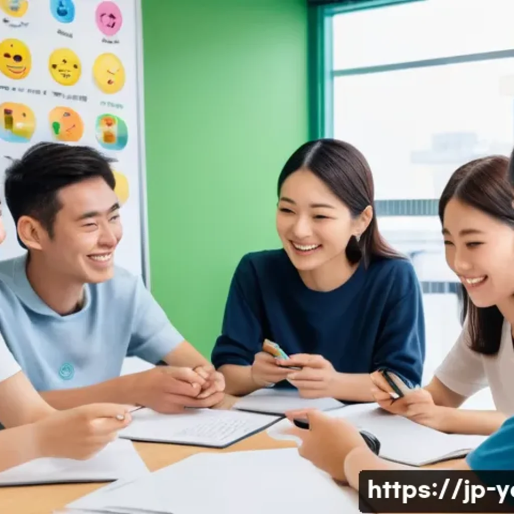청소년지도사로서의 디지털 도구 활용 - A modern Japanese classroom scene where a young, stylish instructor is engaging with a diverse group...