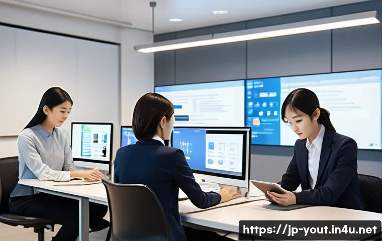청소년지도사로서의 업무 자동화 도구 활용 - A modern Japanese youth guidance office scene showcasing a diverse team of professionals using sleek...