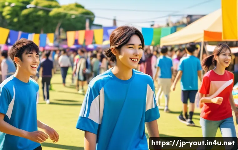 청소년지도사와 청소년 문제 예방 전략 - A vibrant community festival scene in a modern Japanese neighborhood, featuring diverse teenagers pa...