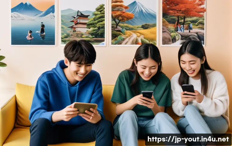 청소년지도사와 최신 청소년 트렌드 연구 - A diverse group of Japanese teenagers engaging in digital communication via smartphones and laptops,...