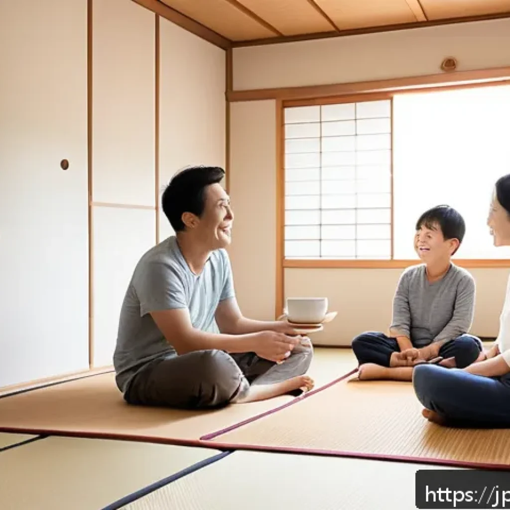 청소년지도사와 청소년의 가족 관계 치료 사례 - A warm and inviting Japanese family scene in a modern living room, featuring parents and two childre...