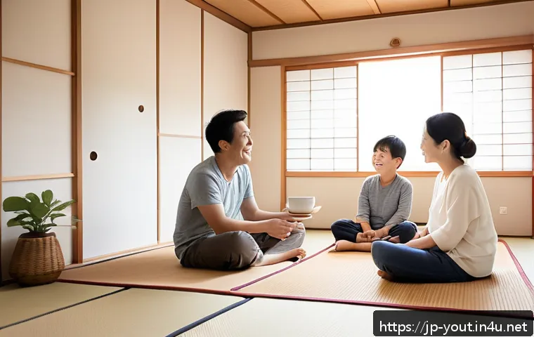 청소년지도사와 청소년의 가족 관계 치료 사례 - A warm and inviting Japanese family scene in a modern living room, featuring parents and two childre...