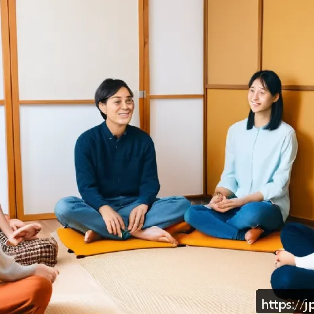 청소년지도사와 청소년 그룹 상담 사례 - A warm, modern group counseling session with diverse Japanese youth sitting in a circle in a bright,...
