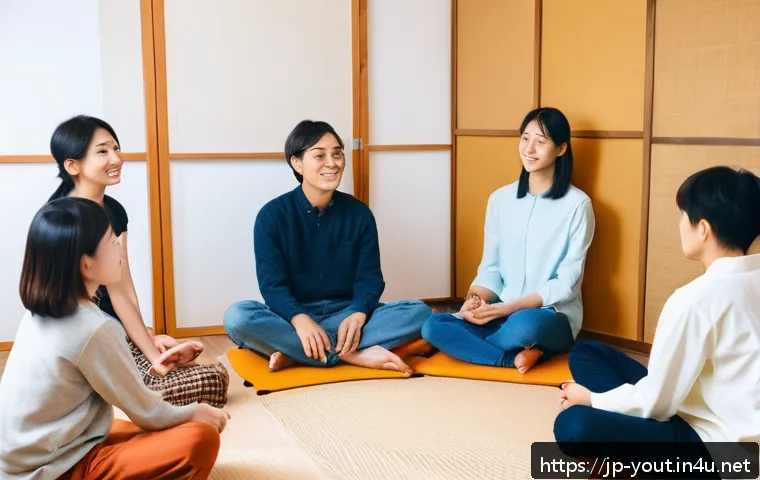 청소년지도사와 청소년 그룹 상담 사례 - A warm, modern group counseling session with diverse Japanese youth sitting in a circle in a bright,...