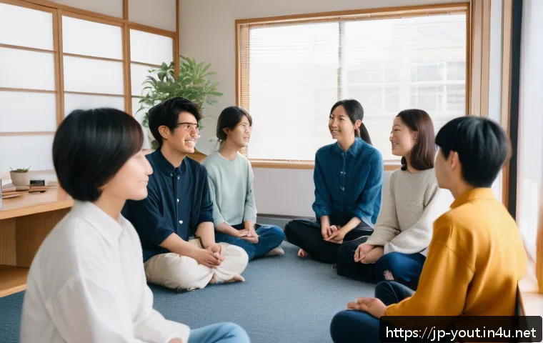 청소년지도사로서의 리더십 발휘 - A diverse group of young people and a compassionate leader sitting together in a cozy, modern commun...