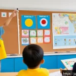청소년지도사와 청소년 다문화 교육 사례 - A diverse group of children in a multicultural classroom setting, all wearing casual clothes and som...