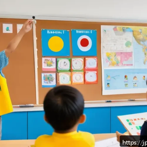 청소년지도사와 청소년 다문화 교육 사례 - A diverse group of children in a multicultural classroom setting, all wearing casual clothes and som...