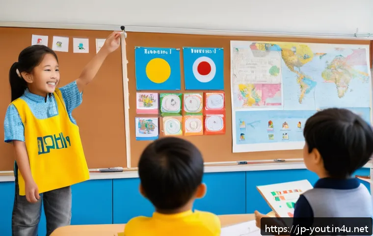 청소년지도사와 청소년 다문화 교육 사례 - A diverse group of children in a multicultural classroom setting, all wearing casual clothes and som...