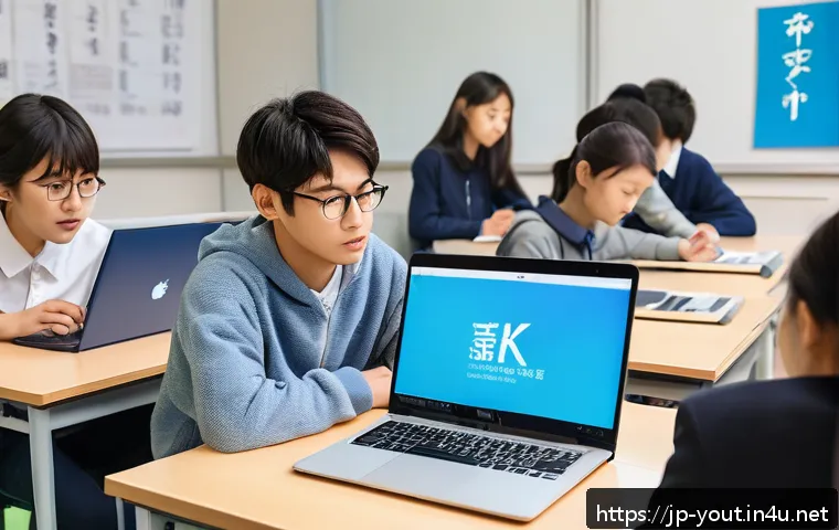 청소년지도사와 청소년 디지털 리터러시 - A modern Japanese classroom scene with diverse teenagers attentively participating in a digital lite...