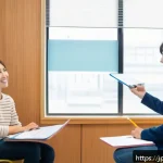 청소년지도사와 청소년의 미래 설계 사례 - A modern Japanese youth career counseling session in a bright, welcoming room, featuring a young Jap...