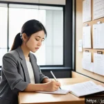 청소년지도사와 청소년 커리어 상담 사례 - A young Japanese professional woman thoughtfully reviewing her career notes in a modern cozy room, s...