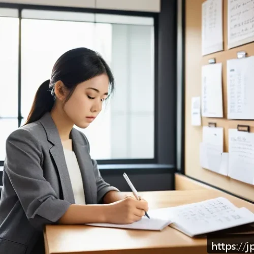 청소년지도사와 청소년 커리어 상담 사례 - A young Japanese professional woman thoughtfully reviewing her career notes in a modern cozy room, s...