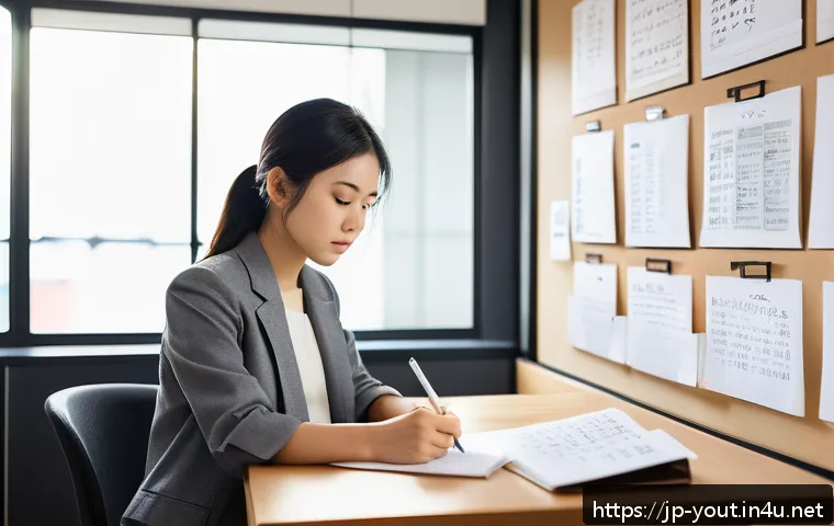청소년지도사와 청소년 커리어 상담 사례 - A young Japanese professional woman thoughtfully reviewing her career notes in a modern cozy room, s...