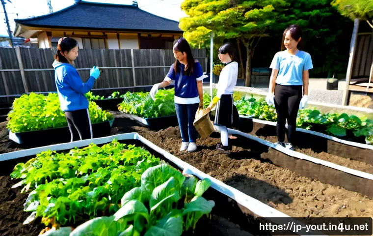 청소년지도사와 청소년의 사회적 기여 사례 - Photorealistic community garden project in Japan, a friendly adult youth counselor guiding a diverse...